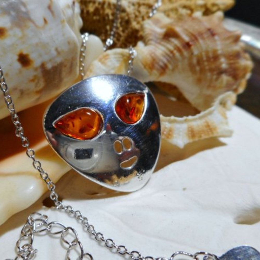 Sterling Silver Baltic Amber Alien ET UFO Necklace